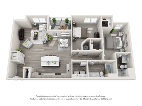 Floor plan for 2 beds, 2 baths, 1140 sqft